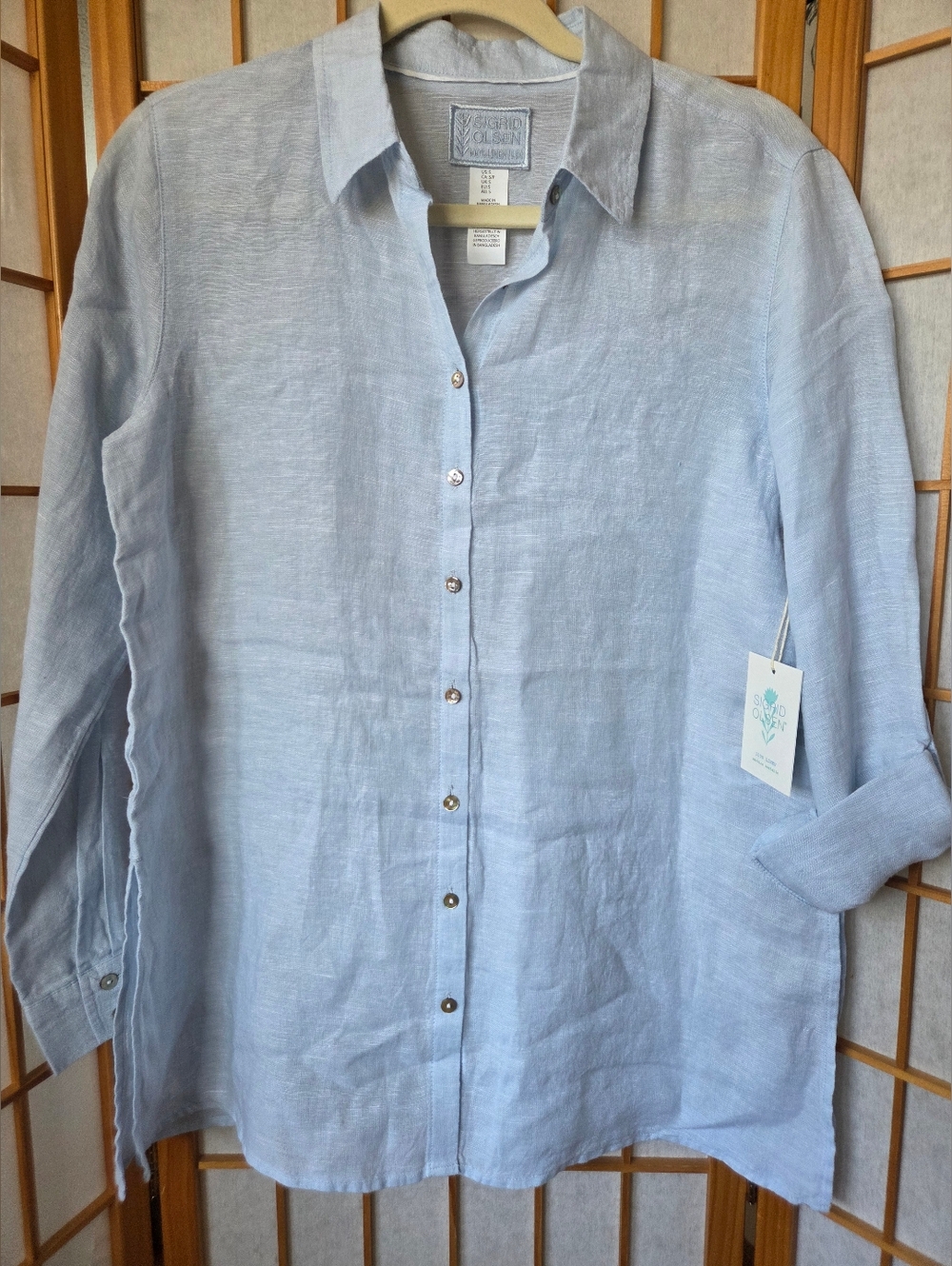 NWT WOMENS SIGRID OLSEN 100% LIGHT BLUE LINEN BUTTONS DOWN COLLARED SHIRT MEDIUM